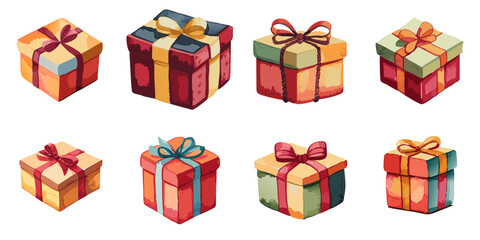 Gift box with multiple vector illustrations, watercolor style