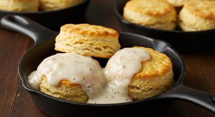 Biscuit with Gravy in Cast Iron Skillet