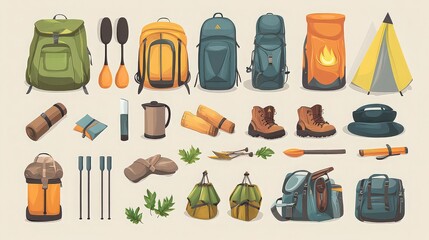 A collection of camping equipment including backpacks tent boots and cooking utensils arranged neatly