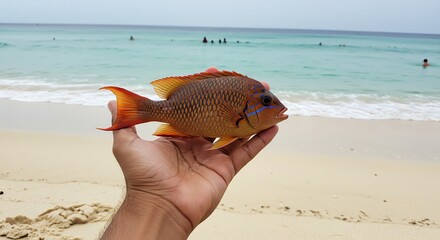Fish in Hand on Beach