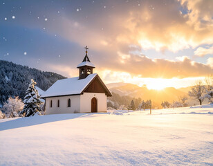 Serene Winter Sunrise A Snow-Covered Village Chapel