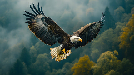 Obraz premium Majestic bald eagle soaring above a misty forest.