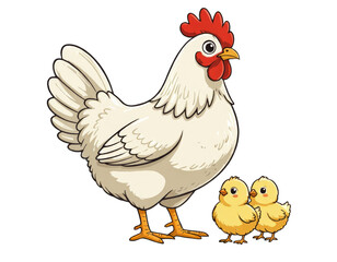 White Hen with Chicks, Isolated Transparent Background, Farm Animal Design Element