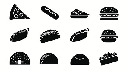 Black and white fast food icons vector illustration set pizza burger taco hotdog pie and more food items