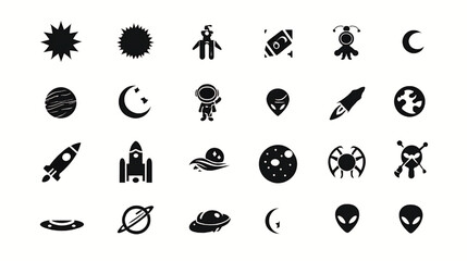 Space exploration icons set vector illustration featuring astronaut rocket planet alien and cosmic elements design