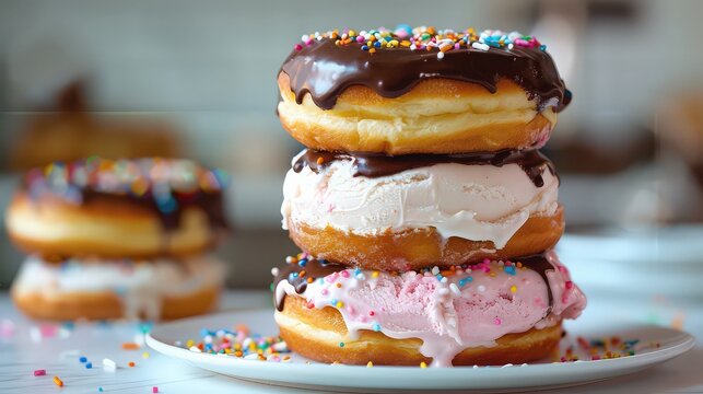 A stack of donuts with chocolate frosting and sprinkles and ice cream on a white plate dessert food