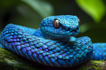 Close-up of a vibrant blue venomous pit viper.