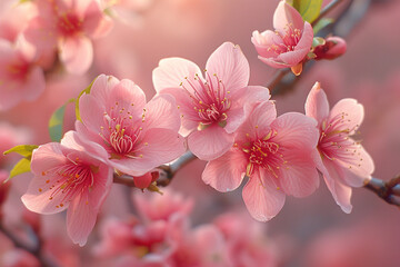 Obraz premium Vibrant pink cherry and peach tree blossoms symbolize spring's delicate beauty
