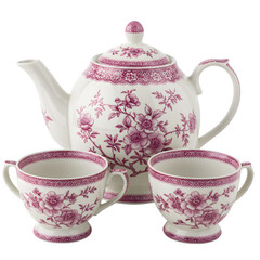 Elegant Pink Rose Teapot and Cups: Perfect for Afternoon Tea on transparent background