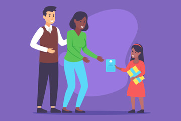 Joyful family moment as young girl presenting document to her mother. Father standing beside them, creating warm and inviting atmosphere in colorful setting