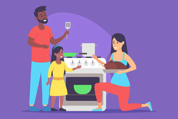 Joyful family enjoying cooking together in vibrant kitchen. Father holding spatula while mother presenting baked dish. Daughter participating with excitement
