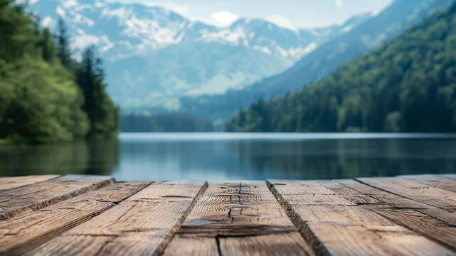 A serene view of a calm lake surrounded by lush green trees and majestic mountains, captured from the perspective of a weathered wooden dock. The light creates a peaceful and picturesque scene.