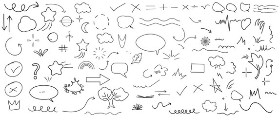 Set of cute pen line doodle element vector. Includes abstract lines, flowers, and arrows. Fun and whimsical doodles with clouds, stars, and hearts. Black hand drawn elements, vector set.