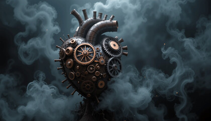 Steampunk Heart Gear Mechanism in Dark Smoky Setting