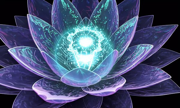 Blooming Lotus Flower with Glowing Center on Dark Background Spiritual Symbol of Purity and Enlightenment