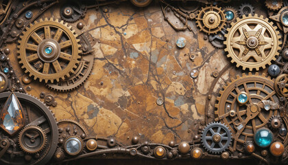 Steampunk Gears and Jewels on Brown Marble Background