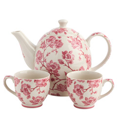 Elegant Pink Floral Teapot and Cups: Perfect for Afternoon Tea on transparent background