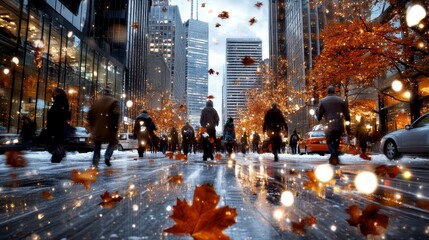 Obraz premium Autumn in the City Snow, Leaves, and City Lights