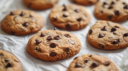 A close up shot of several chocolate chip cookies arranged on a white crumpled paper surface top view