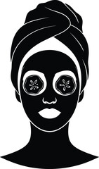Black silhouette vector of a woman's face with a facial mask applied and two round cucumber slices over the eyes