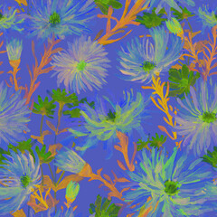 Seamless pattern with abstract blooming asters flowers. Neon blue and pink petals, Ditsy Print. Cottage Garden Flower. Template for fabric, textile, surfaces, covers. Neon glow background.