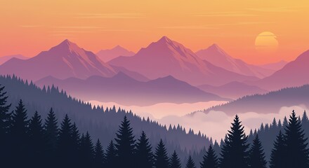 Obraz premium Serene Sunset: Misty Mountains and Silhouetted Pines