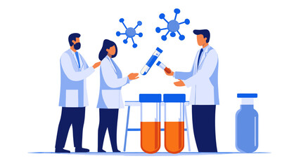 Medical team analyzing test tubes and virus models in a laboratory setting