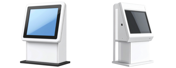 Front View 3D Render of White Outdoor Touch Screen Kiosk on Stand, isolated on transparent background PNG