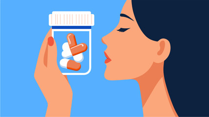 Woman with Closed Eyes Holding Pill Bottle with Orange and White Capsules