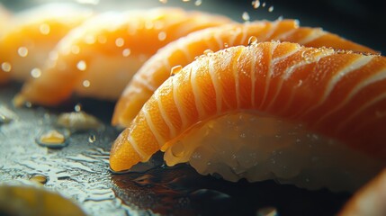 Close-up of glistening salmon nigiri sushi lined up on a dark, reflective surface. Good for menus, restaurants, or food blog about Japanese cuisine.