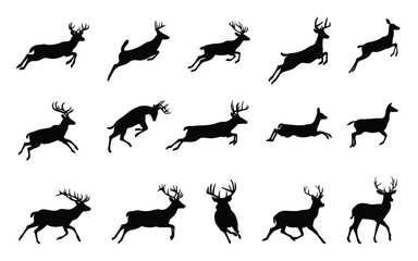 Set of silhouettes of deer in running and jumping poses, isolated on background. Vector illustration.