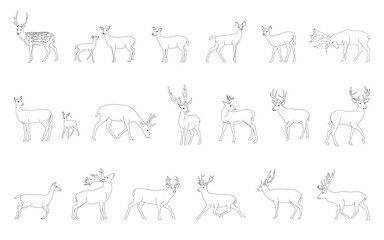 Black line drawing set. Collection of deer silhouettes in different poses, isolated on background. Vector illustration.