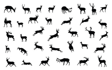 Set of silhouette collection of deer in different poses, isolated on background. Vector illustration.