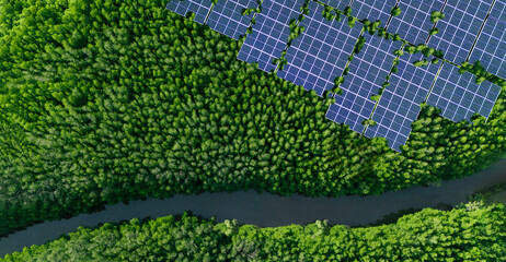 Solar farm panels installed in the green forest, water and solar power, clean alternative energy...
