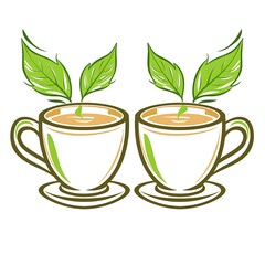 Artistic Herbal Tea Infusion with Fresh Green Leaves in White Ceramic Cups