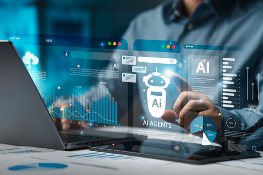 AI technology with human robots using AI tools to help create artificial intelligence, image creation, coding and programming. The concept of AI technology data analysis on computers.