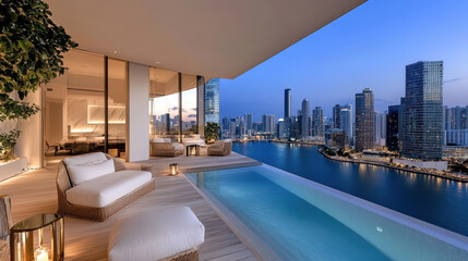 Fototapeta premium Luxurious rooftop terrace with infinity pool overlooking vibrant city skyline at dusk