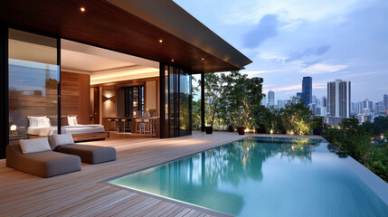 Fototapeta premium Luxurious rooftop infinity pool with stunning skyline view, perfect for relaxation