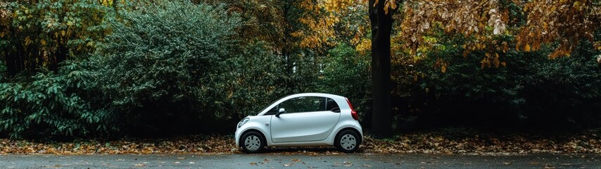 White Car Parked in a Forest of Autumn Leaves