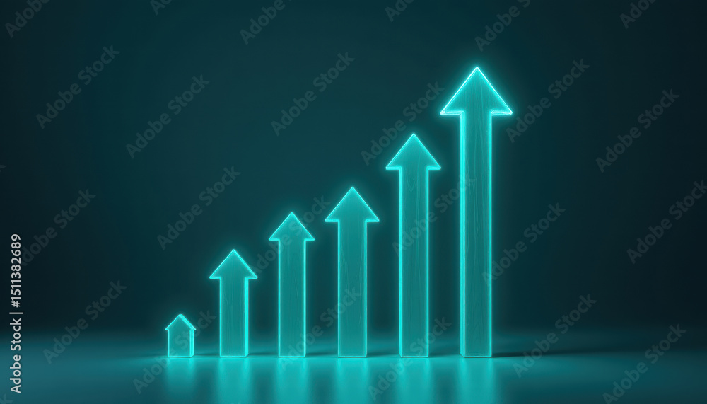 Poster glowing teal arrow graph representing growth and progress, showcasing increasing values in modern an