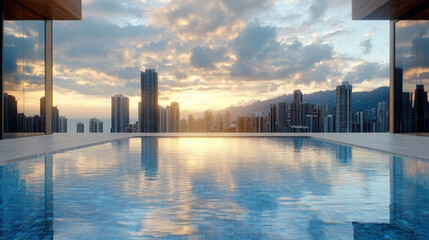 Stunning urban skyline reflected in serene rooftop pool at sunset, creating tranquil atmosphere