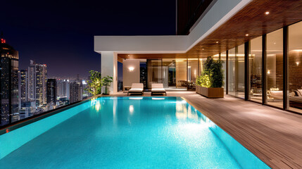 Luxurious rooftop pool with city skyline view, illuminated at night, creating serene atmosphere