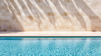 Serene poolside scene with clear water reflecting soft shadows from textured wall