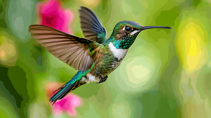 Fototapeta premium Vibrant hummingbird in flight against a bokeh background.