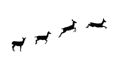Silhouette of a female deer in running and jumping pose, isolated on background. Vector illustration.