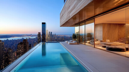Fototapeta premium Luxurious rooftop pool overlooking vibrant city skyline sunset, showcasing modern architecture