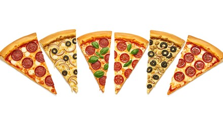 Pizza Slices with Pepperoni, Onion, Basil, and Mushroom
