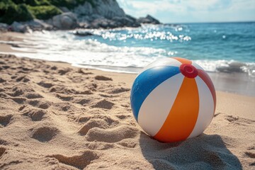 Obraz premium Colorful beach ball resting on sandy shore.