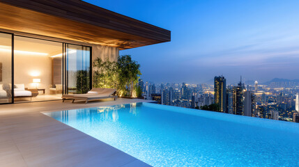 Fototapeta premium Luxurious poolside view overlooking vibrant city skyline at dusk, creating serene atmosphere