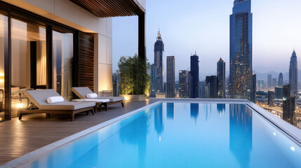 Fototapeta premium Luxurious rooftop infinity pool overlooking stunning city skyline at dusk